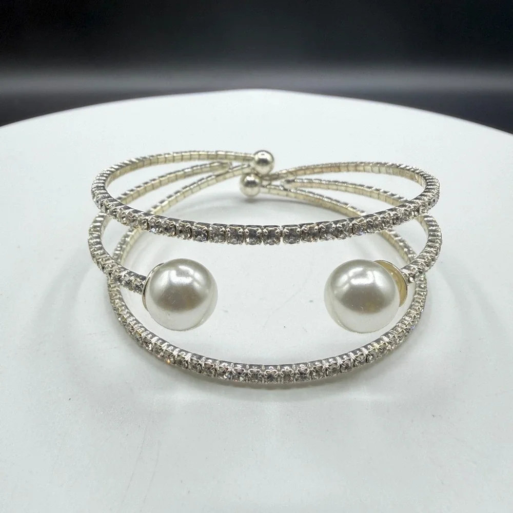 Clear Rhinestone Faux Pearl Silver Tone Triple Row Cuff Wrap Bracelet Bridal